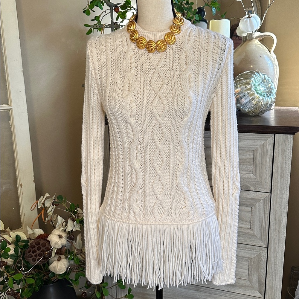 Tory Burch | Valero Fringe Hem Fisherman Sweater in Winter White - Picture 4 of 11